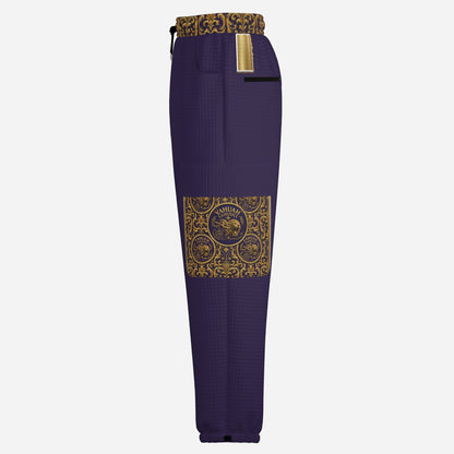 Right side product view of Yahuah Yahusha purple lantern cargo joggers displaying the detailed ornate pocket seal. (116 characters)