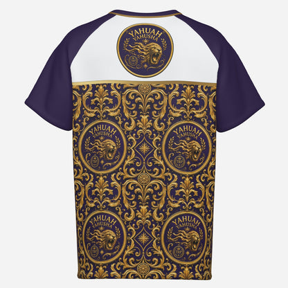 Flat back view of Yahuah Yahusha mesh t-shirt featuring a top lion emblem crest above a detailed gold and purple baroque print pattern.