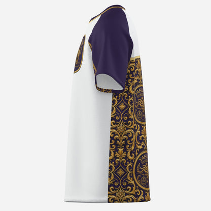 Left side profile of Yahuah Yahusha raglan mesh t-shirt highlighting white front panel, purple sleeve, and gold-patterned side detail.
