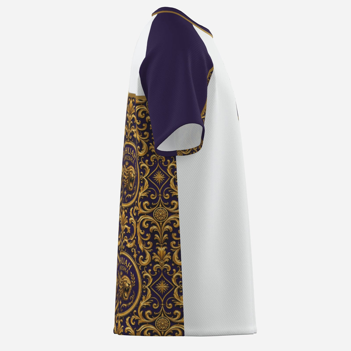Right side view of the Yahuah Yahusha unisex raglan mesh t-shirt showing purple raglan sleeve and gold lion pattern side panel.
