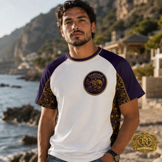 Man outdoors wearing white and purple Yahuah Yahusha raglan mesh t-shirt featuring a golden lion chest emblem and patterned sleeves.