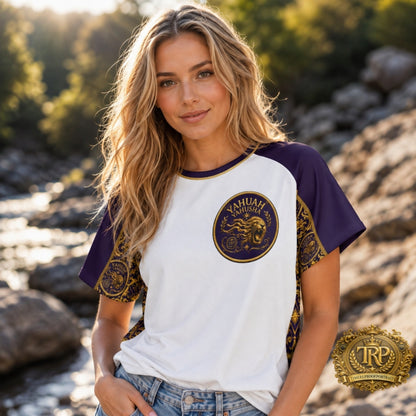 Woman wearing the white and purple Yahuah Yahusha raglan mesh t-shirt showcasing the gold lion circular crest on the chest.