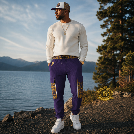 Man wearing Yahuah Yahusha Sovereign Names purple lantern cargo joggers and matching cap standing by a scenic lake.