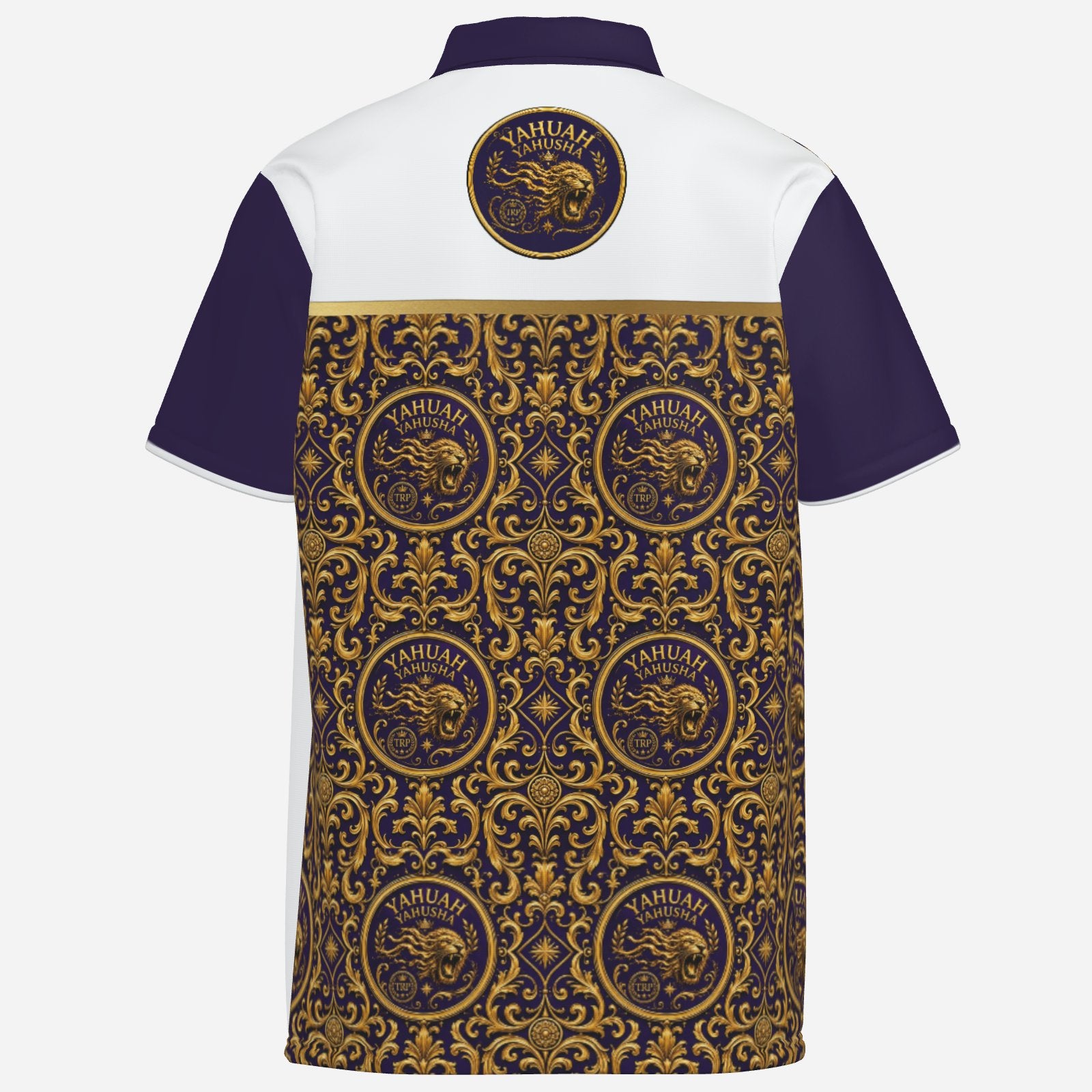 Back view of the Yahuah Yahusha men's zip-placket mesh polo shirt displaying a white upper yoke with a circular lion seal and ornate gold pattern bottom.