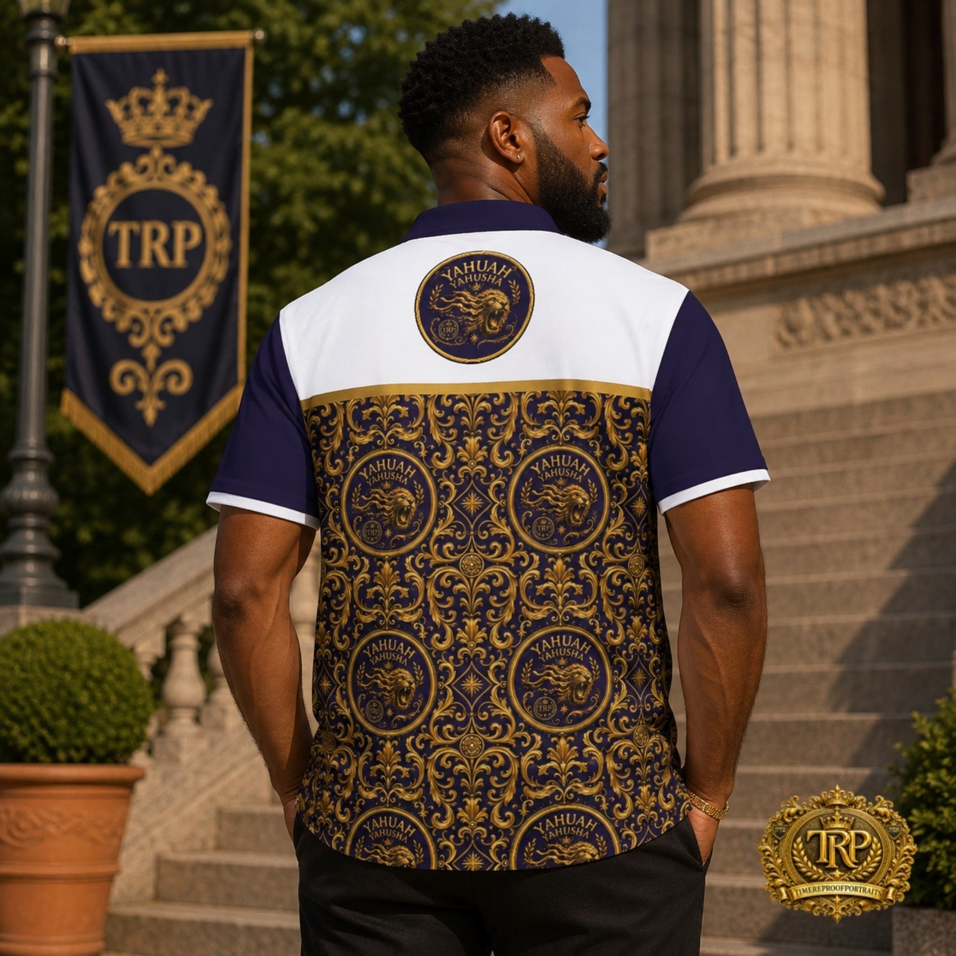 Back view of a model wearing the Yahuah Yahusha zip-placket mesh polo shirt with a white upper panel, lion seal emblem, and gold ornate lower body pattern.