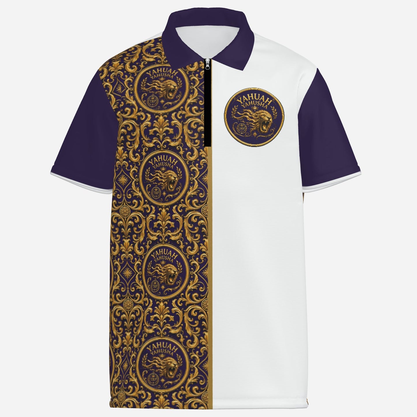 Front view of the Yahuah Yahusha Sovereign Names zip-placket mesh polo shirt showing split white and gold ornate lion pattern panels.