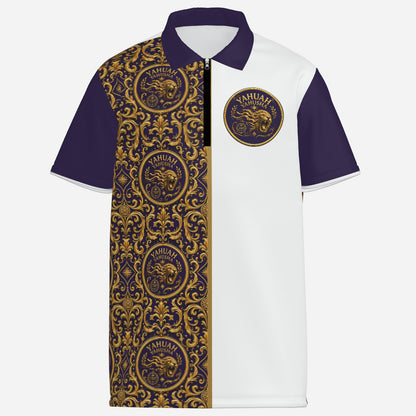 Front view of the Yahuah Yahusha Sovereign Names zip-placket mesh polo shirt showing split white and gold ornate lion pattern panels.