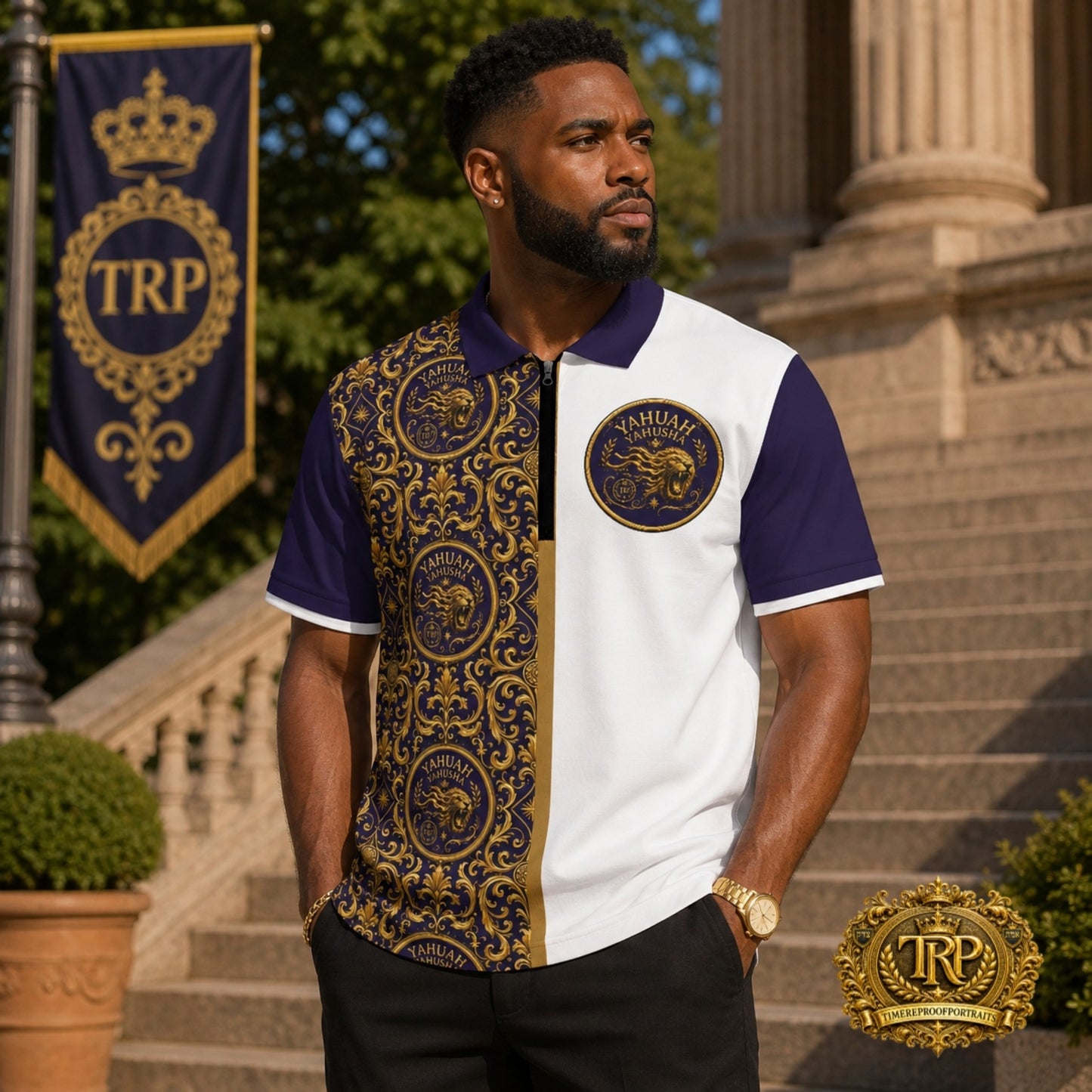 Model wearing the Yahuah Yahusha men's zip-placket mesh polo shirt featuring a gold ornate lion pattern on one side and a white chest panel.