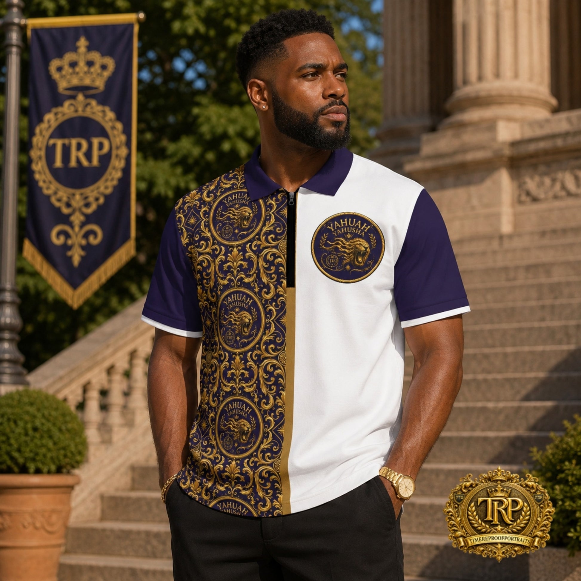 Model wearing the Yahuah Yahusha men's zip-placket mesh polo shirt featuring a gold ornate lion pattern on one side and a white chest panel.