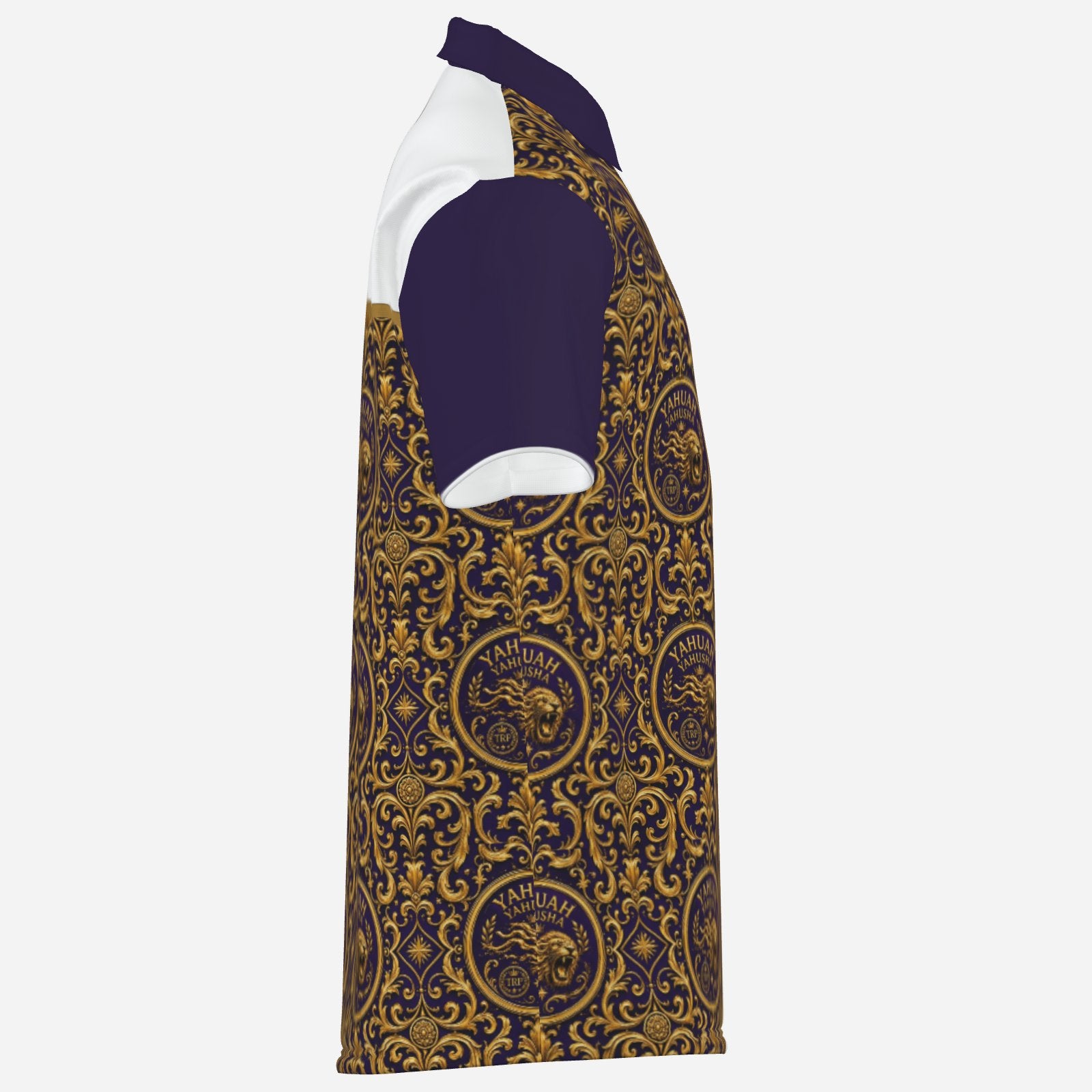 Right side view of the Yahuah Yahusha zip-placket mesh polo shirt showing the solid purple sleeve and transition between white front and ornate back.