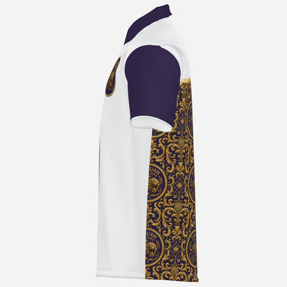 Left side view of the Yahuah Yahusha mesh polo shirt highlighting the detailed gold and purple ornate lion pattern running down the torso.