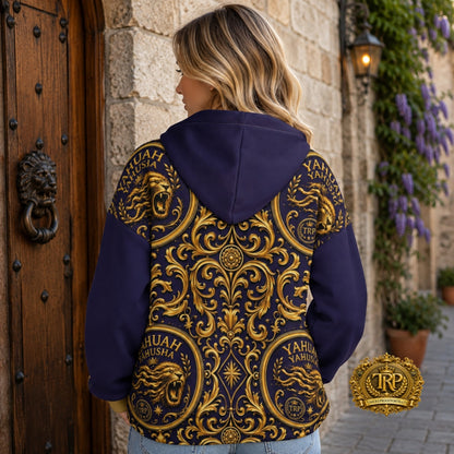 Back view of a model wearing the Yahuah Yahusha gold ornate lion zip hoodie with plain purple hood and sleeves.