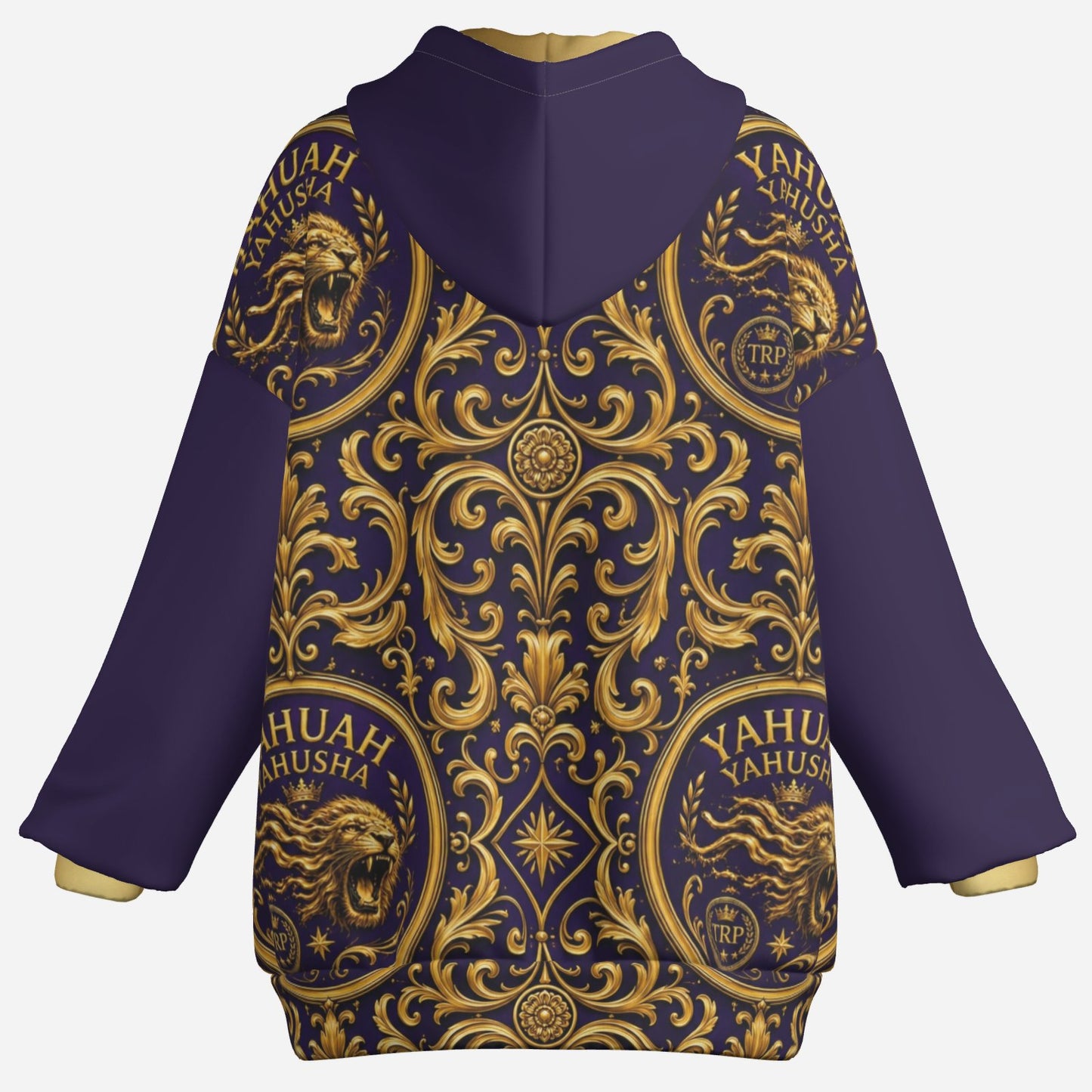 Back view product mockup of the Yahuah Yahusha women's zip hoodie with gold ornate patterns and dark purple sleeves.
