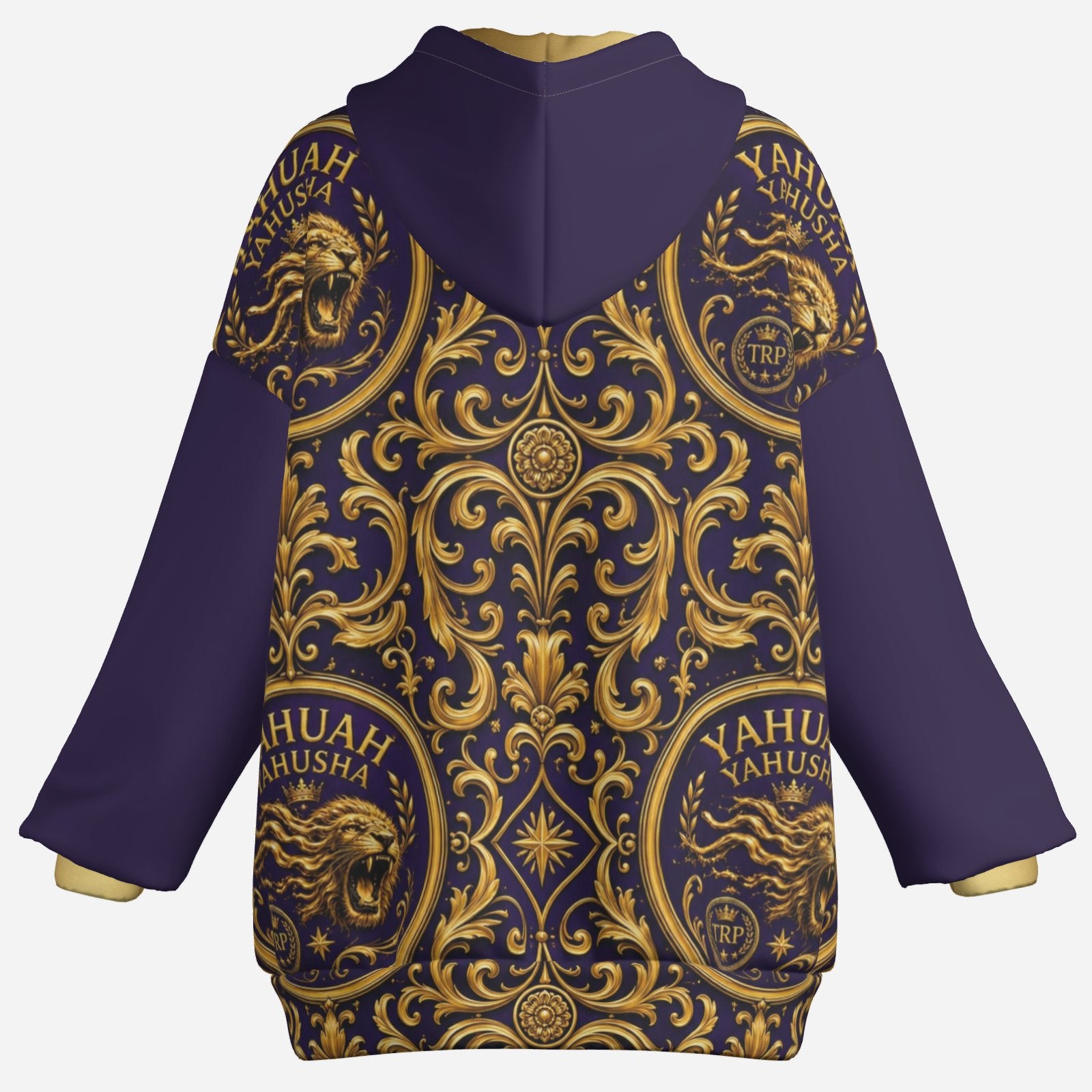 Back view product mockup of the Yahuah Yahusha women's zip hoodie with gold ornate patterns and dark purple sleeves.