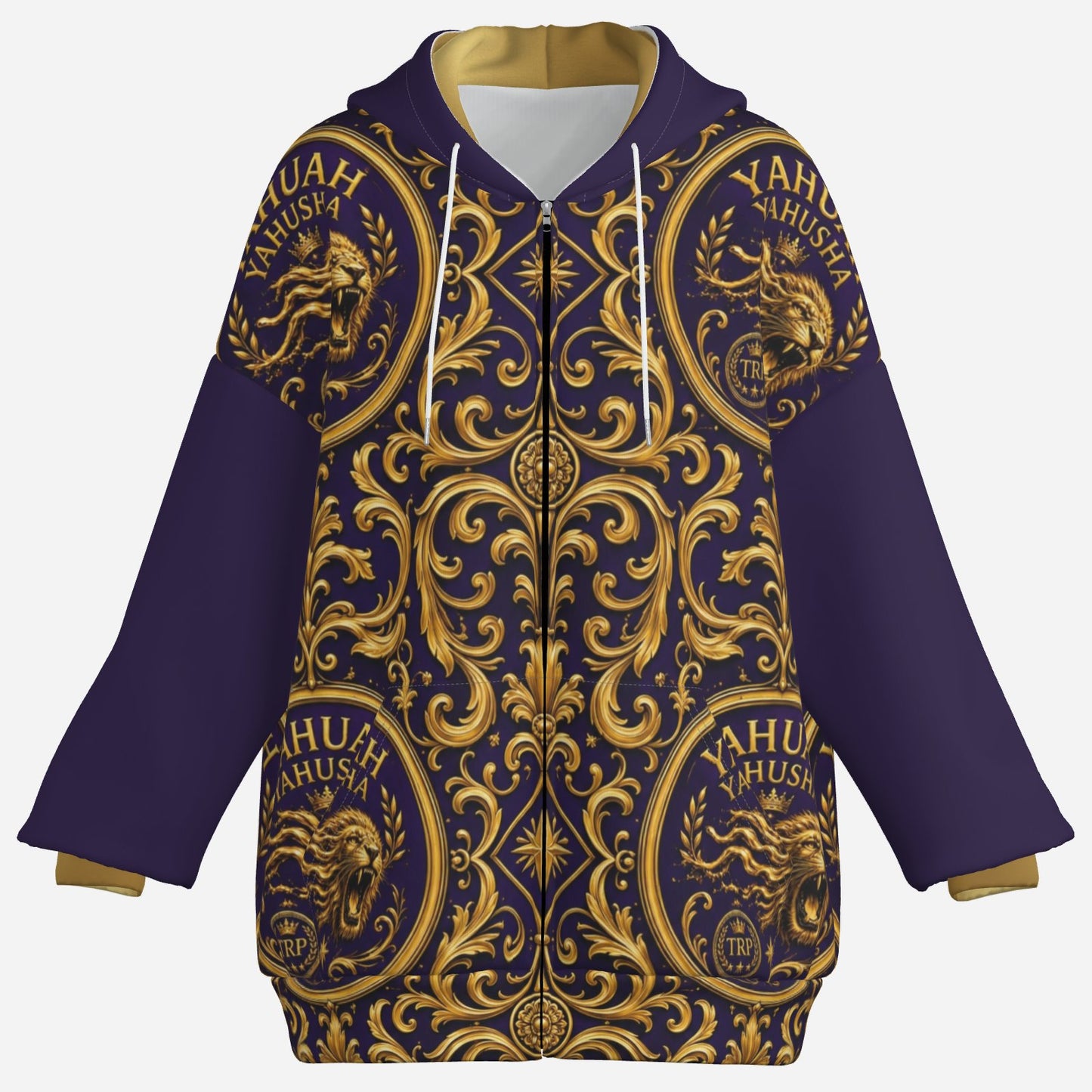 Product mockup of the women's zip hoodie in purple and gold ornate Baroque pattern with Yahuah Yahusha lion crests, front view.