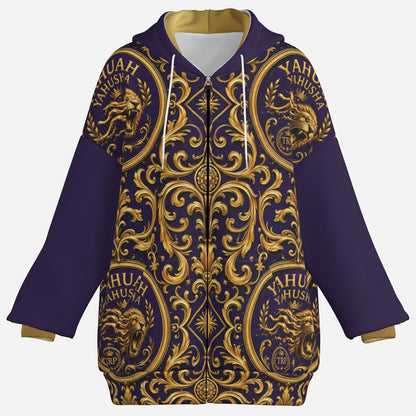 Product mockup of the women's zip hoodie in purple and gold ornate Baroque pattern with Yahuah Yahusha lion crests, front view.
