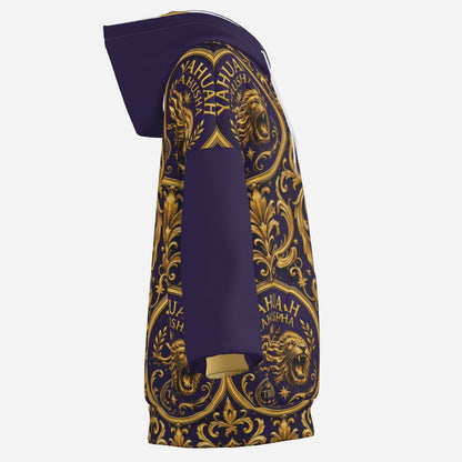 The right-side product mockup of the Yahuah Yahusha drop-shoulder zip hoodie shows a purple sleeve and gold filigree details.