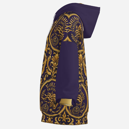 Left side product mockup of the Yahuah Yahusha gold and purple zip hoodie with ornate lion motifs on a white background.