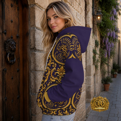 Model in a Yahuah Yahusha gold filigree and roaring lion purple hoodie shown from a left-side profile view.