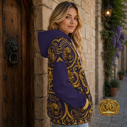 Model wearing the Yahuah Yahusha women's drop-shoulder zip hoodie shown from a right-side angle outdoors.