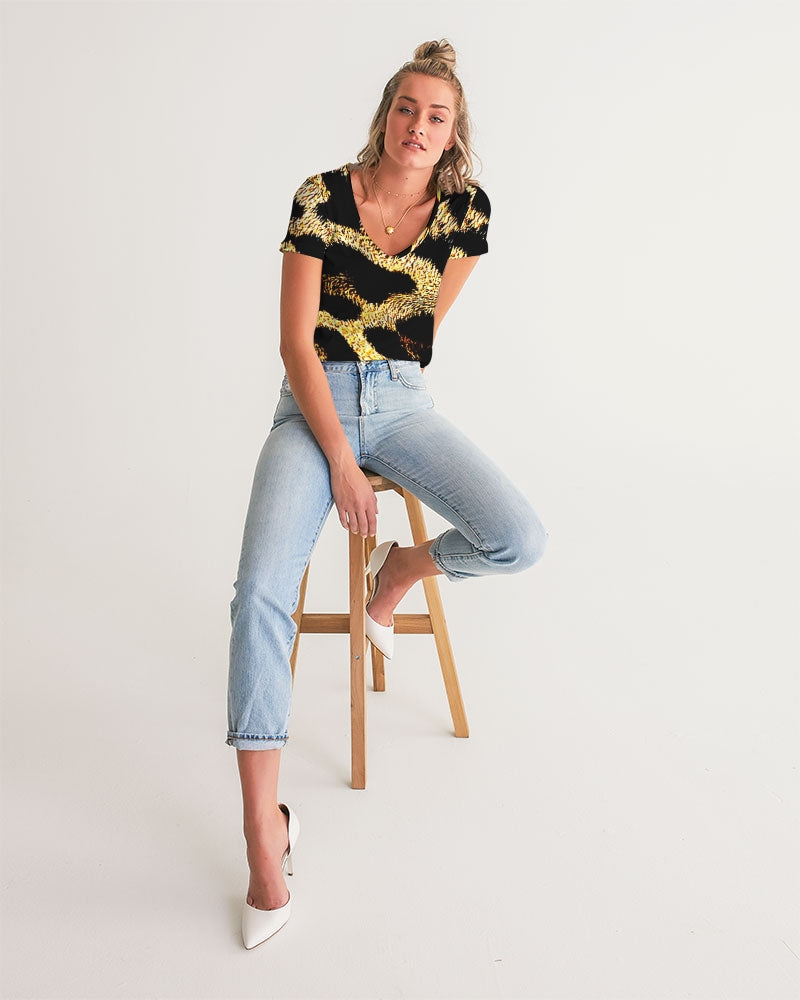 Primal Elegance: Golden Leopard Abstract V-neck T-shirt