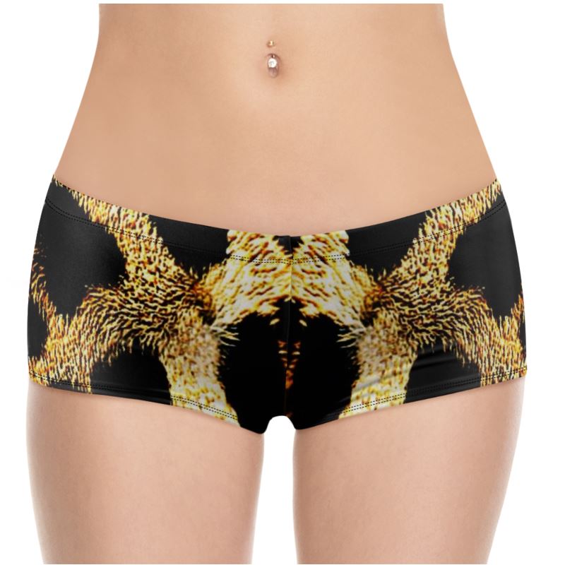 Primal Elegance: Golden Leopard Abstract Hot Pants