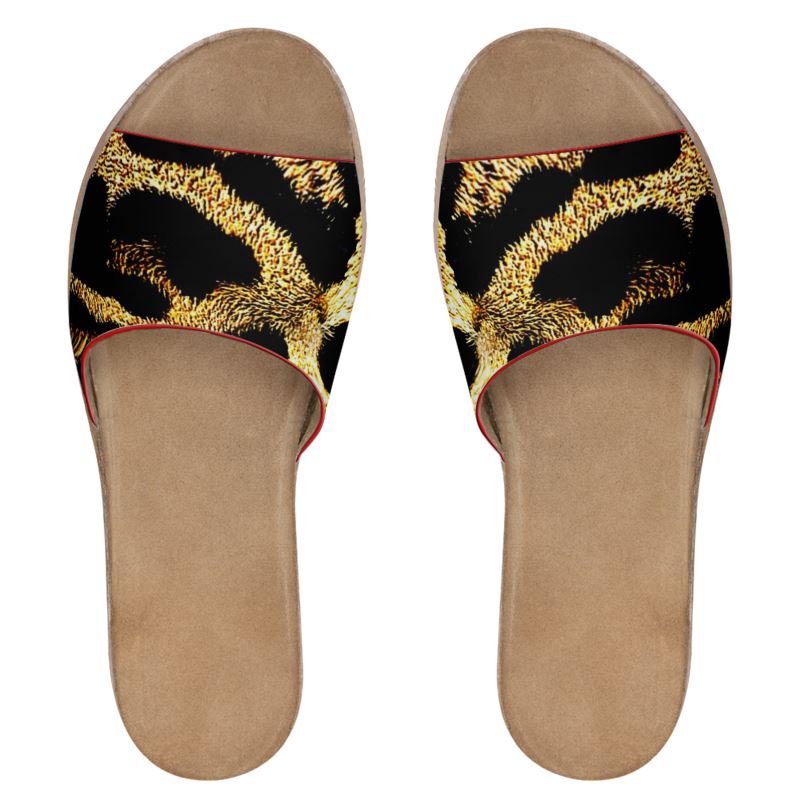 Primal Elegance: Golden Leopard Abstract Leather Slide Sandals