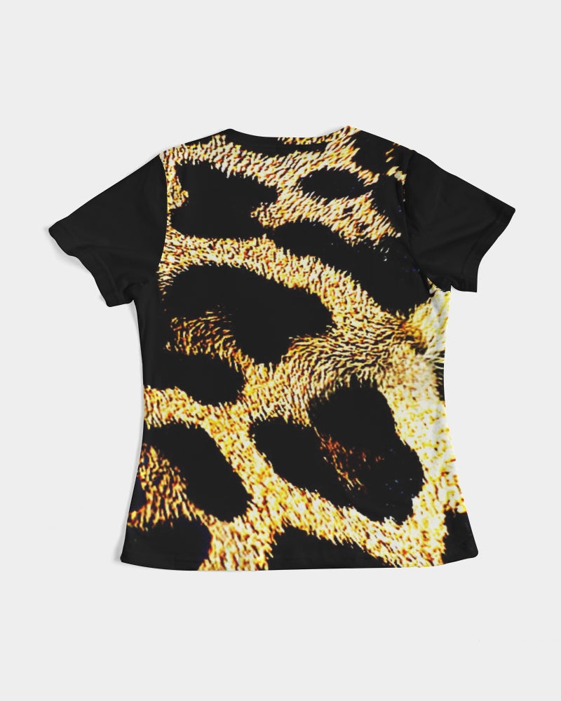 Primal Elegance: Golden Leopard Abstract Fitted Tee