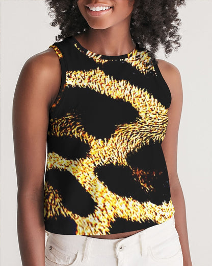 Primal Elegance: Golden Leopard Abstract Sleeveless Crop Top