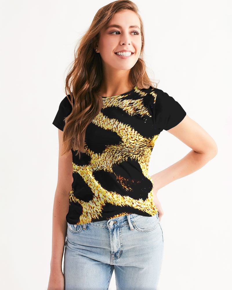 Primal Elegance: Golden Leopard Abstract Fitted Tee