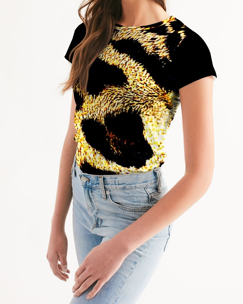 Primal Elegance: Golden Leopard Abstract Fitted Tee