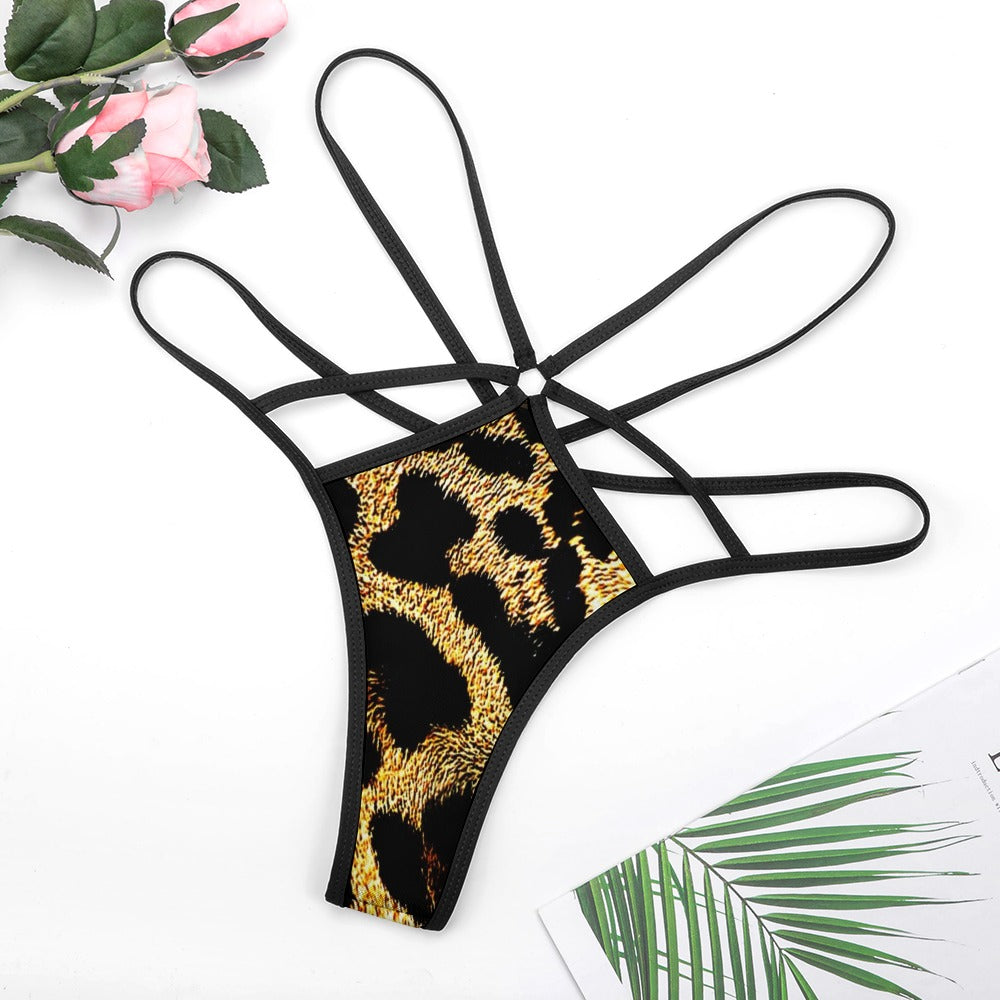 Primal Elegance: Golden Leopard Abstract T-back Thong