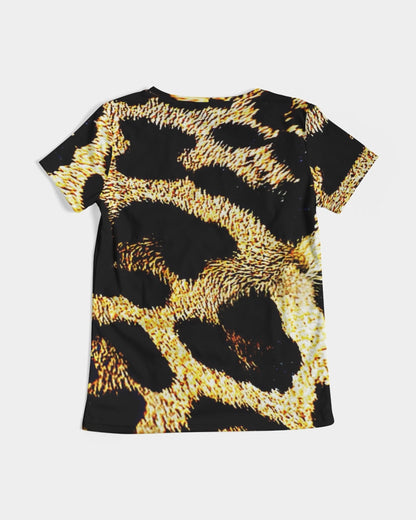 Primal Elegance: Golden Leopard Abstract V-neck T-shirt