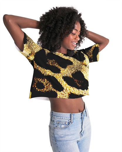 Primal Elegance: Golden Leopard Abstract Drop Shoulder Raw Hem Crop Top