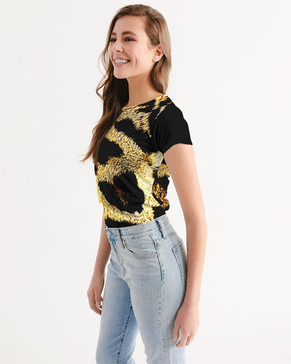 Primal Elegance: Golden Leopard Abstract Fitted Tee