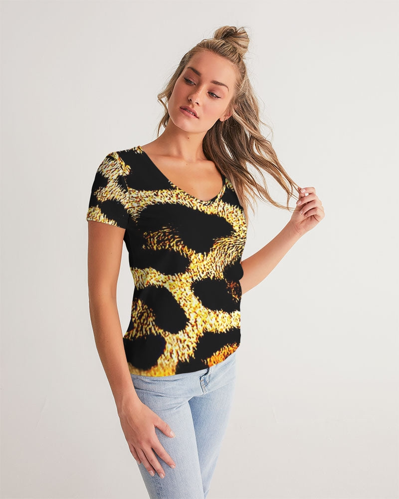 Primal Elegance: Golden Leopard Abstract V-neck T-shirt