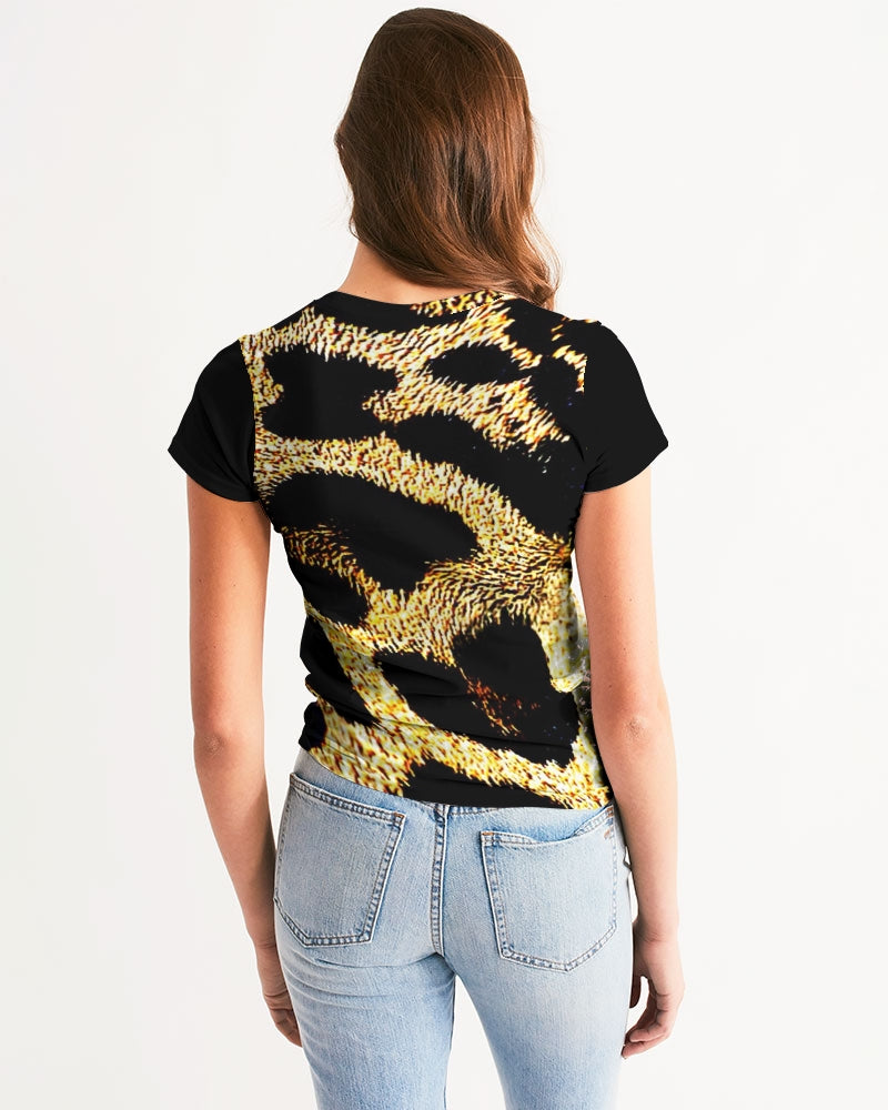 Primal Elegance: Golden Leopard Abstract Fitted Tee