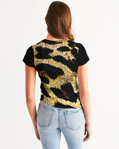 Primal Elegance: Golden Leopard Abstract Fitted Tee