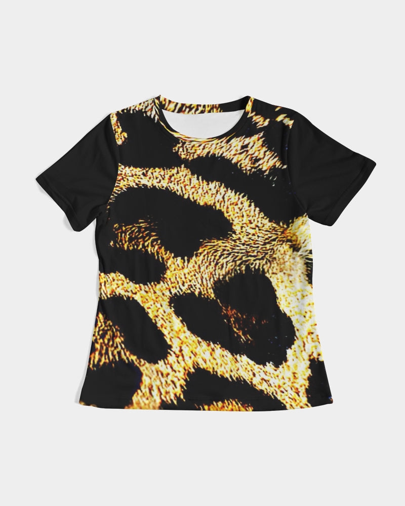 Primal Elegance: Golden Leopard Abstract Fitted Tee