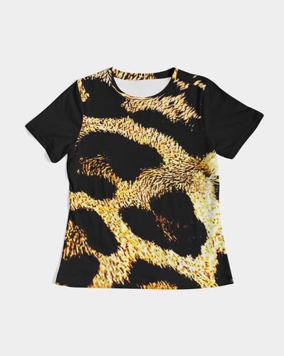 Primal Elegance: Golden Leopard Abstract Fitted Tee